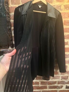 caché vintage sheer blazer Black Longline Jacket with Faux-Leather Collar